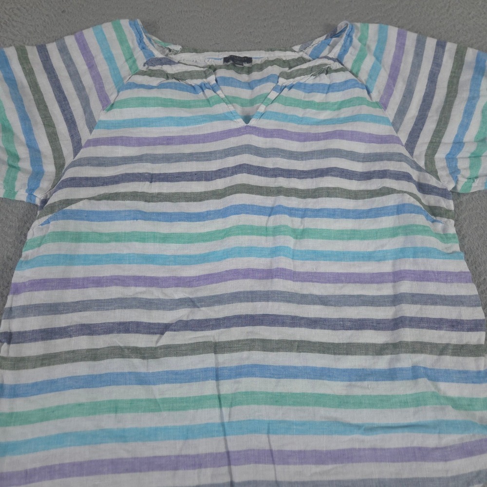 Talbots Top Womens L Petite Multi Striped Puff-Sleeve Peasant Blouse 100% Linen